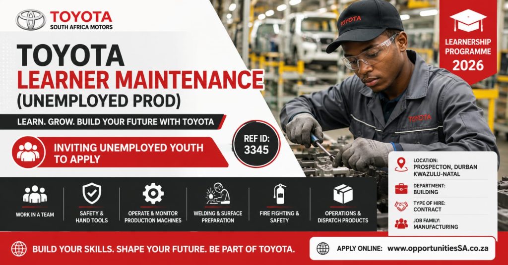 A young technician wearing safety gear operates manufacturing equipment inside a modern Toyota production facility, representing the Toyota Learner Maintenance Programme 2026 for unemployed South African youth.