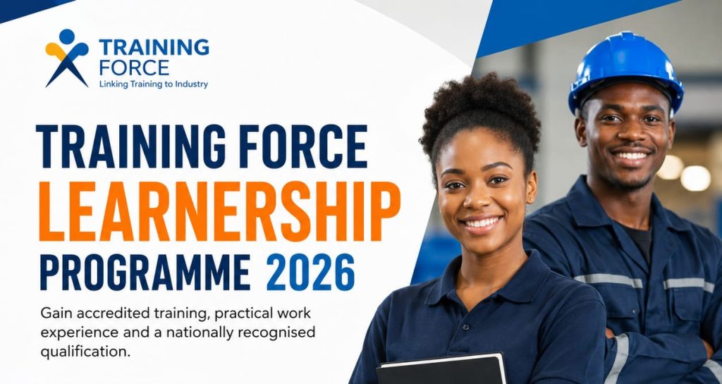 A diverse group of South African learners wearing safety gear and business attire during workplace training as part of the Training Force Learnership Programme 2026.