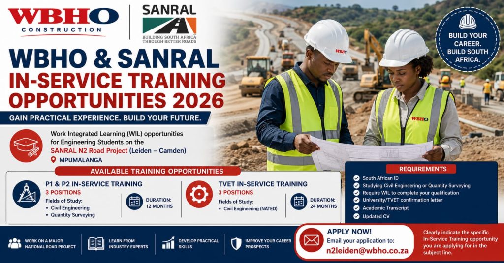 Civil Engineering students wearing reflective safety vests and hard hats inspect a major road construction project alongside engineers, representing the WBHO and SANRAL In-Service Training Programme 2026 in South Africa.