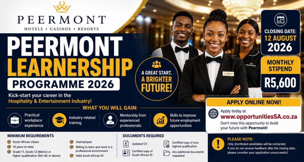 Young hospitality trainees wearing professional uniforms while receiving customer service training inside a modern Peermont hotel and casino environment in South Africa, promoting the Peermont Learnership Programme 2026.