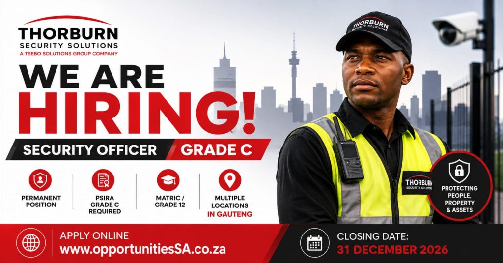 Apply for permanent Grade C Security Officer positions with Thorburn Security Solutions in multiple Gauteng locations.