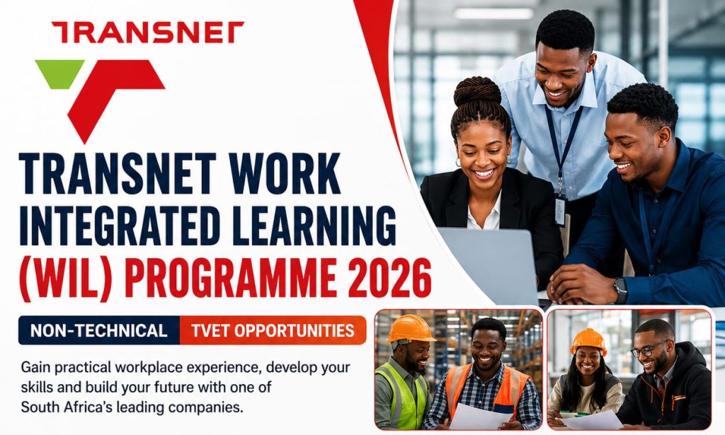 A diverse group of TVET graduates wearing business attire during workplace training at a modern Transnet office, symbolising the Transnet Work Integrated Learning (WIL) Programme 2026 for non-technical trainees in Johannesburg and Durban.