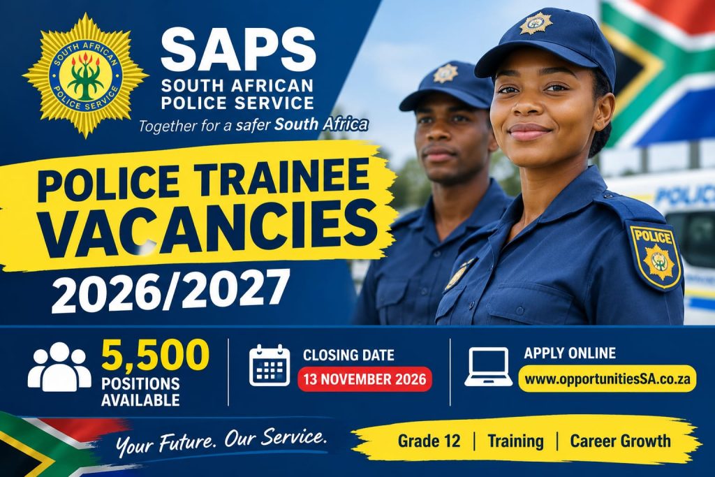 SAPS Police Trainee Vacancies 2026/2027 – 5,500 positions, Grade 12 requirements and online applications in South Africa.